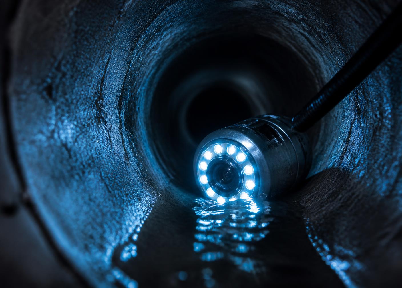 Sewer inspection camera with LED ring light inside a drain pipe